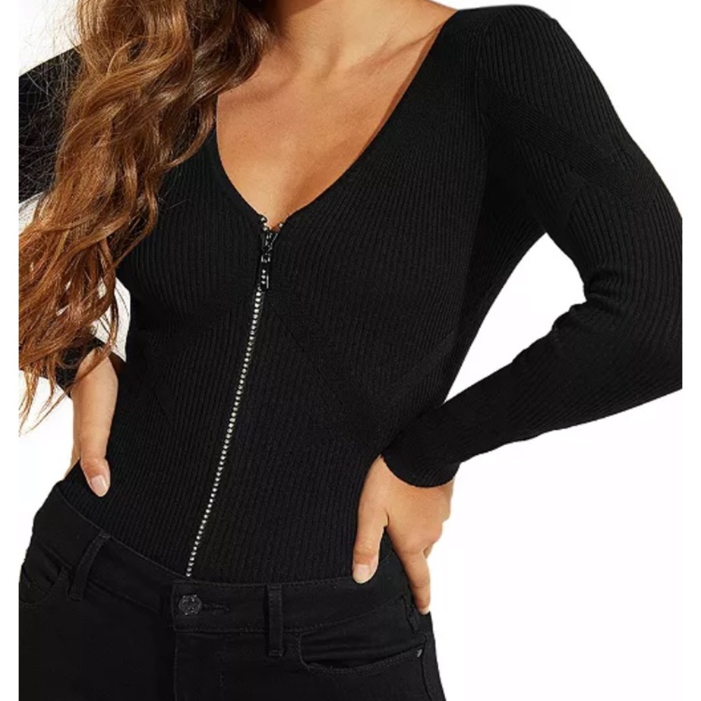 GUESS Isla Ribbed Rhinestone Zip Sweater